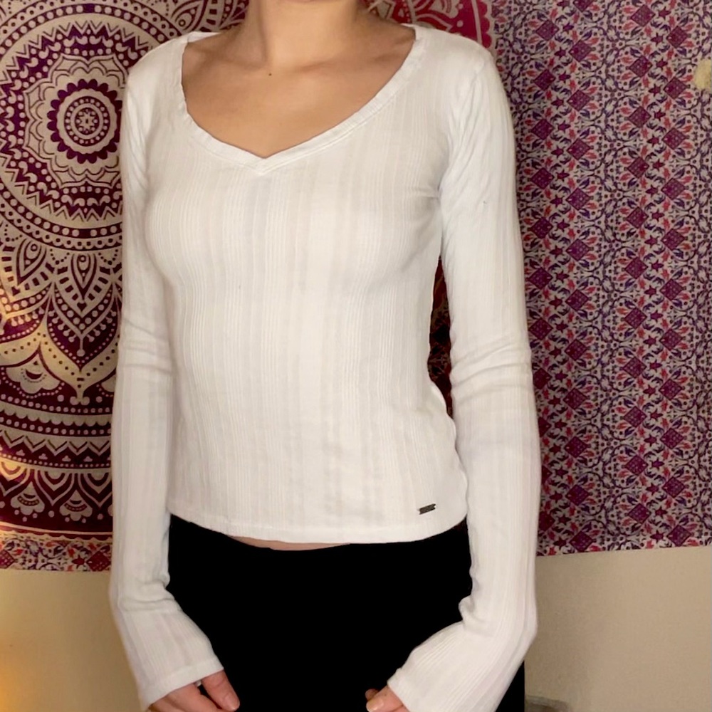 White Hollister Long Sleeve Ribbed Sweater Shirt
